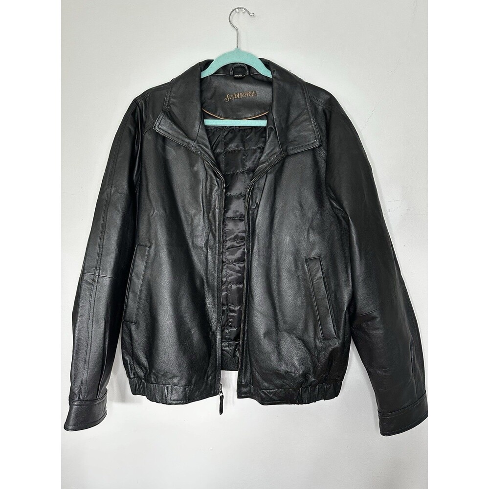 St. John's Bay Men's Black Bomber Jacket Full Zip Lined Point Collar Size L
